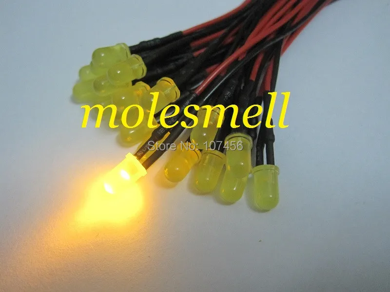 50pcs 5mm 5v diffused yellow 5V DC yellow lens 20cm Pre-Wired LED Light DIY free shipping