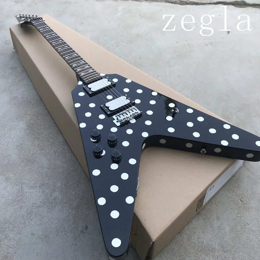 

Factory V Shape Black Electric Guitar with White Dots Pattern,Chrome Hardware,Floyd Rose,HH Pickups,High Quality