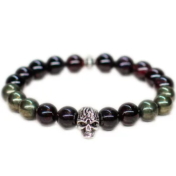

12pcs/lot Birthday gift for men bracelet Skull bracelet Skull jewelry Garnet Pyrite bracelet Punk jewelry Gothic jewelry