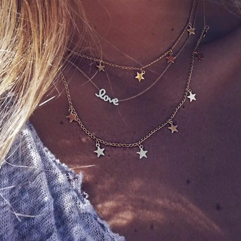 

MissCyCy Bohemian Gold Color Multilayer Chain Necklace Women Vintage Star Letters Love Choker Necklace Jewelry Accessories
