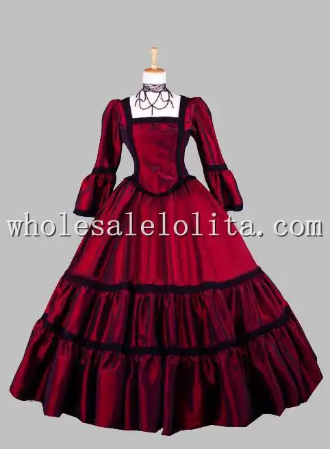 

Gothic Wine Red Square Collar Victorian Era Dress Ball Gown Historical Halloween Costume