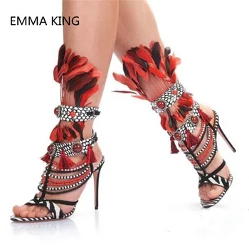 

2019 Runway New Women Gladiator Sandals Feather Luxury Designer High Heels Ladies Party Wedding Shoes Woman Ethnic Style Sandals