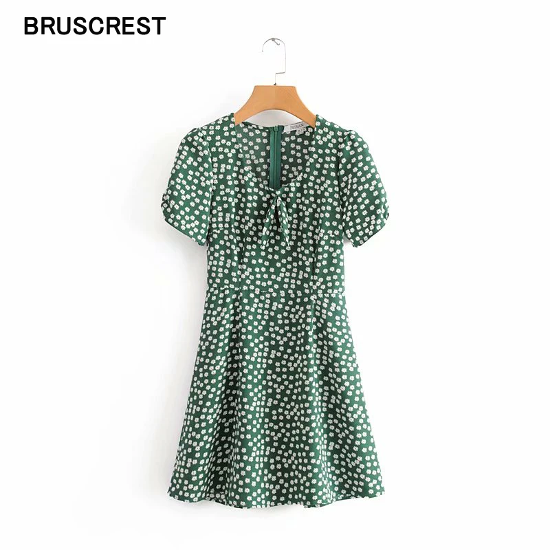 

Summer dress 2019 vintage boho beach mini dress women puff sleeve green floral sexy dress bow tie short sleeve elegant vestidos