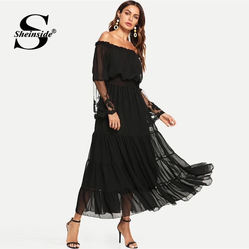 

Sheinside Elegant Off Shoulder Lace Panel Party Dress Women 2019 Elastic Waist Maxi Dresses Layered Ruffle Solid A Line Dress