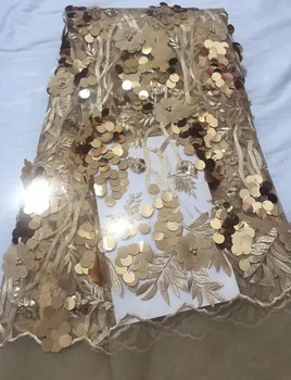 

(5yards/pc) High quality African sequins French net lace fabric with embroidery and 3D flowers beads for party dress FLC895