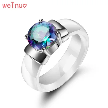 

Weinuo Rainbow Fire Mystic Crystal Zircon Ring Solid 925 Sterling Silver Jewelry Best Gift For Women White Ceramic Wedding Ring