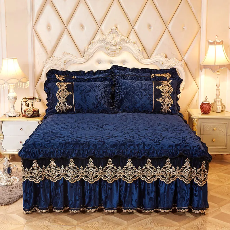 

Royal blue Princess Bedding Bed Skirt Set Pillowcases Velvet Thick Warm Lace Bed Sheets 1/3pcs Mattress Cover King Queen size