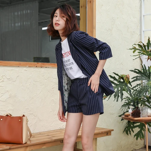 Autumn Striped For Short Pant Jacket Two Pcs Set Female Office Lady Elegant Suit Women