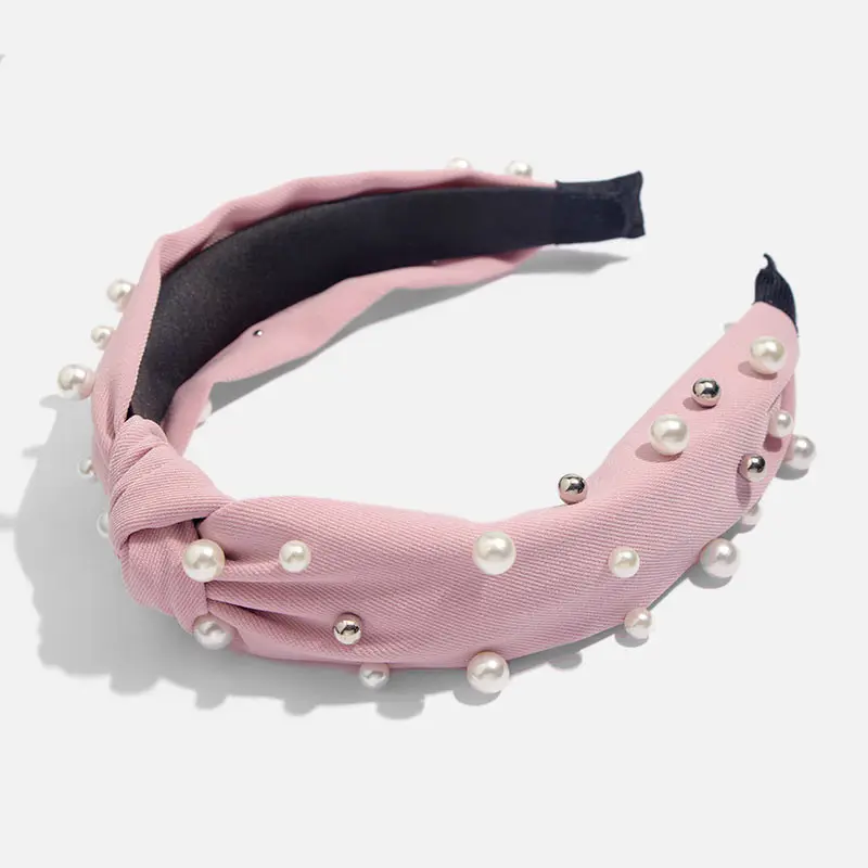 Bohemian Solid Color Soft Velvet Center Knot Wide Pearl Hairband Ladies multiple color Knotted Hairband Hair Accessories - Metal color: H0066PK
