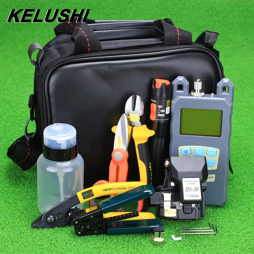 

KELUSHI 21pcs/set FTTH Fiber Optic Tool Bag with HS-30 Fiber Cleaver -70~+10dbm Optical Power Meter 10mW Visual Fault Lcator