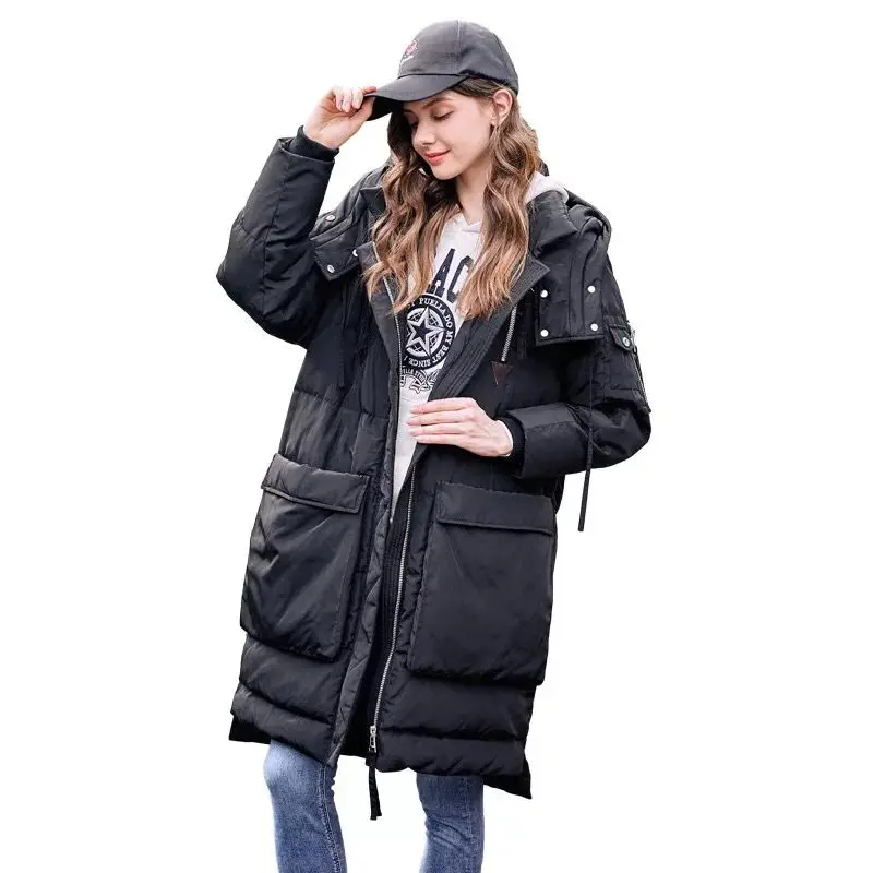 Женские Длинные куртки парка на утином пуху зимняя свободная повседневная женская одежда с капюшоном уличная верхняя одежда черного и белого цвета теплые пальто