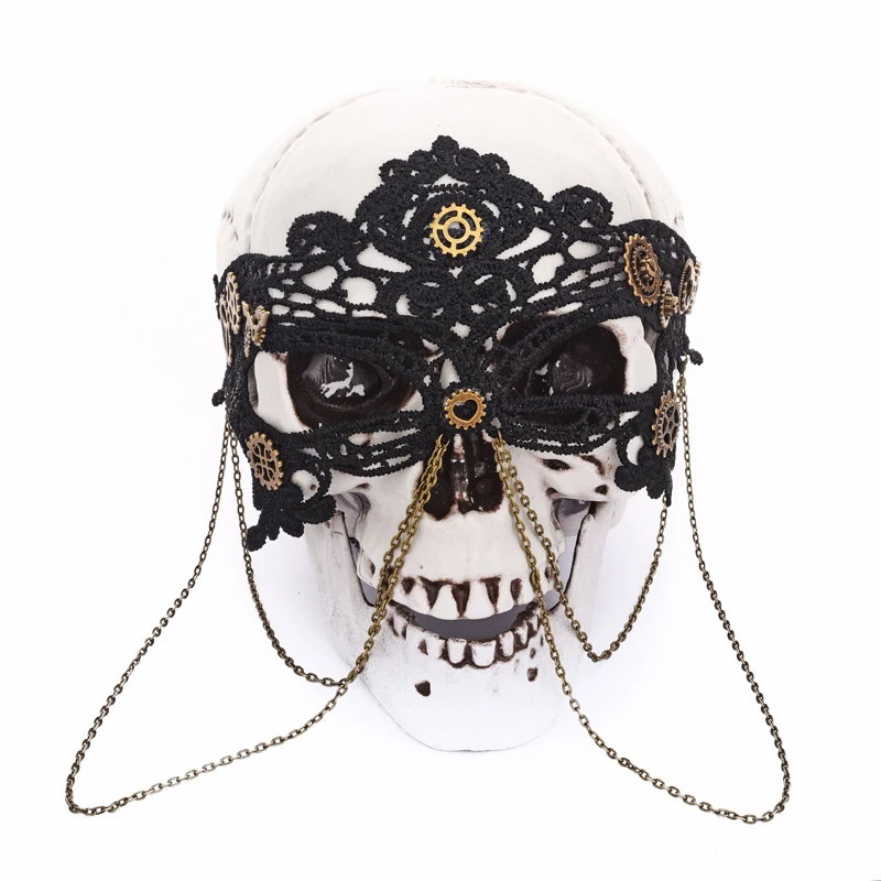 Ретро стимпанк Черный кружева цепи маска для глаз Вечерние Маски для маскарада Хэллоуин венецианские карнавальные костюмы передач Маска готический