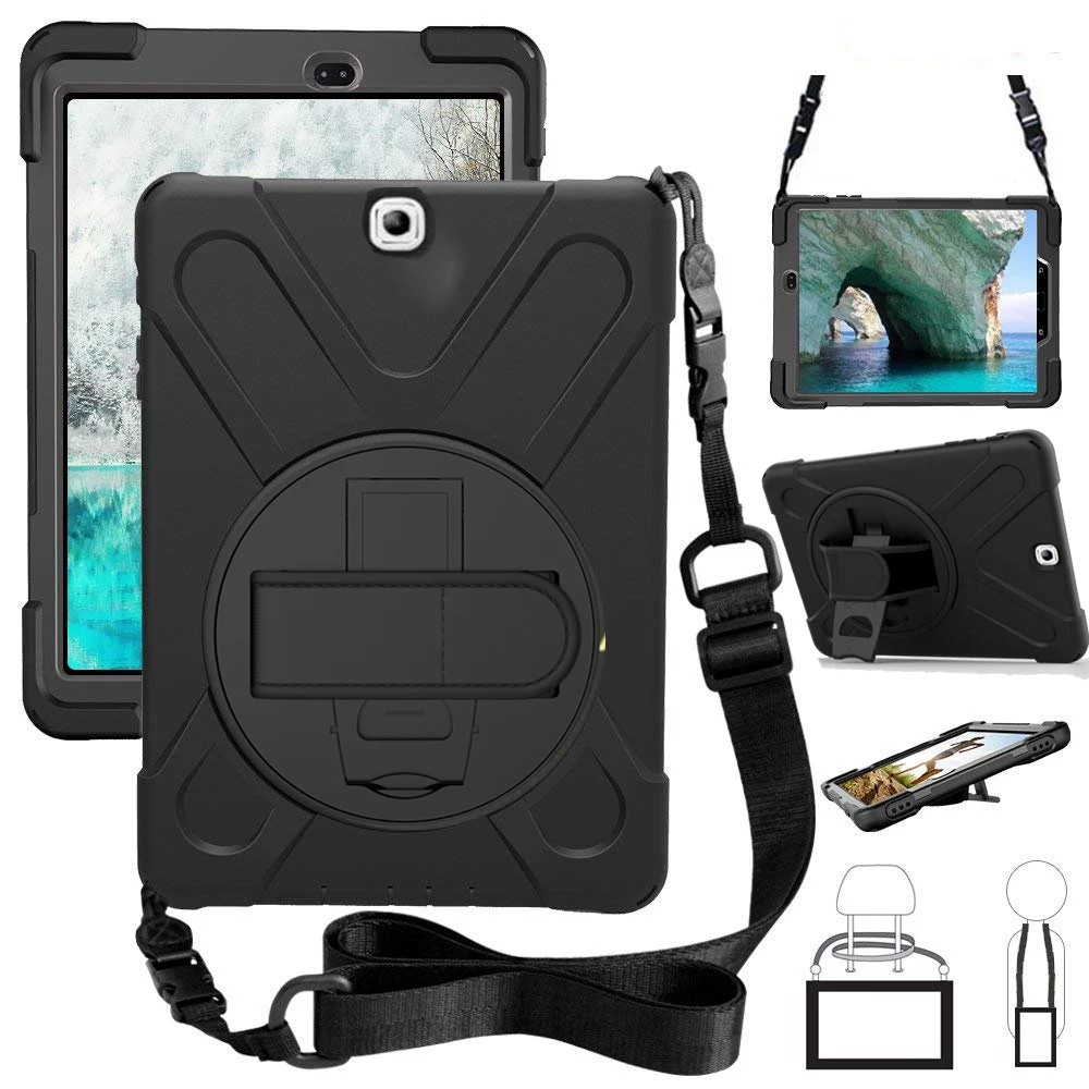 

Case for Samsung Galaxy Tab A 9.7 T550 T555 P550 Kids Safe Shockproof Heavy Duty Silicone+PC Kickstand w/ Wrist+Shoulder Strap