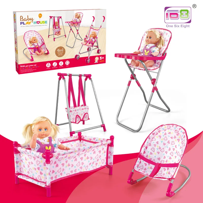 4 in 1 Baby Kids Folding Chair Dining Chair Swing Stroller Crib Bed Dolls Toys Set Gift Box Simulation Game Toys 4 in 1 Baby Kids Folding Chair Dining Chair Swing Stroller Crib Bed Dolls Toys Set Gift Box Simulation Game Toys
