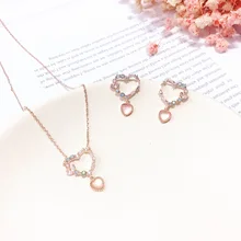 MENGJIQIAO корейские новые милые нежные микро проложенные серьги-гвоздики в форме сердца круглое ожерелье для женщин модные Ювелирные наборы для девочек