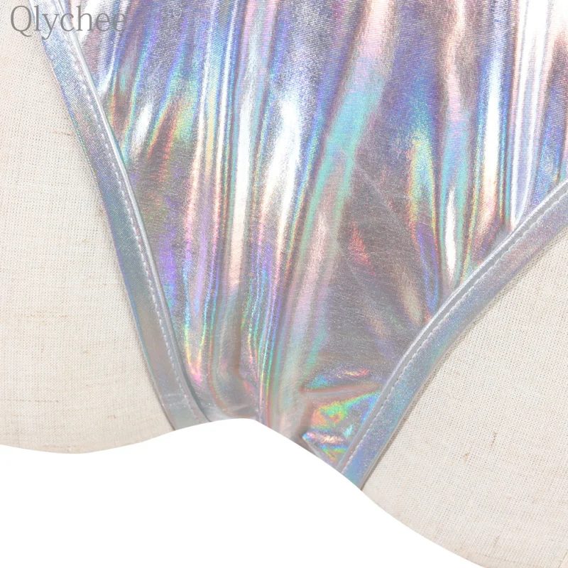 Qlychee пикантные женские облегающие голографические серебряные боди из виниловой ткани лазерного цвета боди-комбинезон с объемным рисунком, праздничная одежда