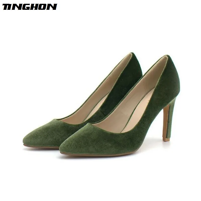 

TINGHON Sexy Pumps Women Shoes Olive Green Flock Slip-On Shallow Wedding Party Thin Heels Pointed Toe Woman High Heels Pump