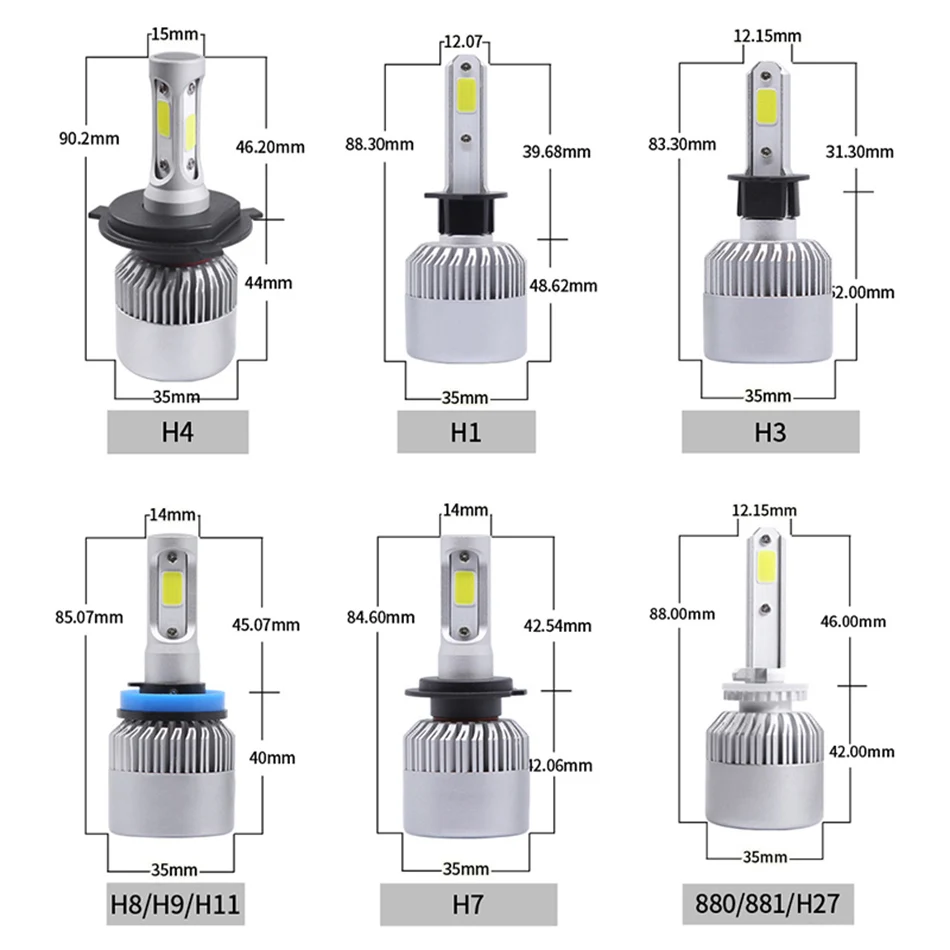 Из 2 предметов фар автомобиля светодиодный H7 H4 светодиодный H1 H11 светодиодный лампы HB3 H3 9005 9006 Автомобильные фары H27 880 881 9004 9007 H13 COB Aut Противотуманные фары 12V