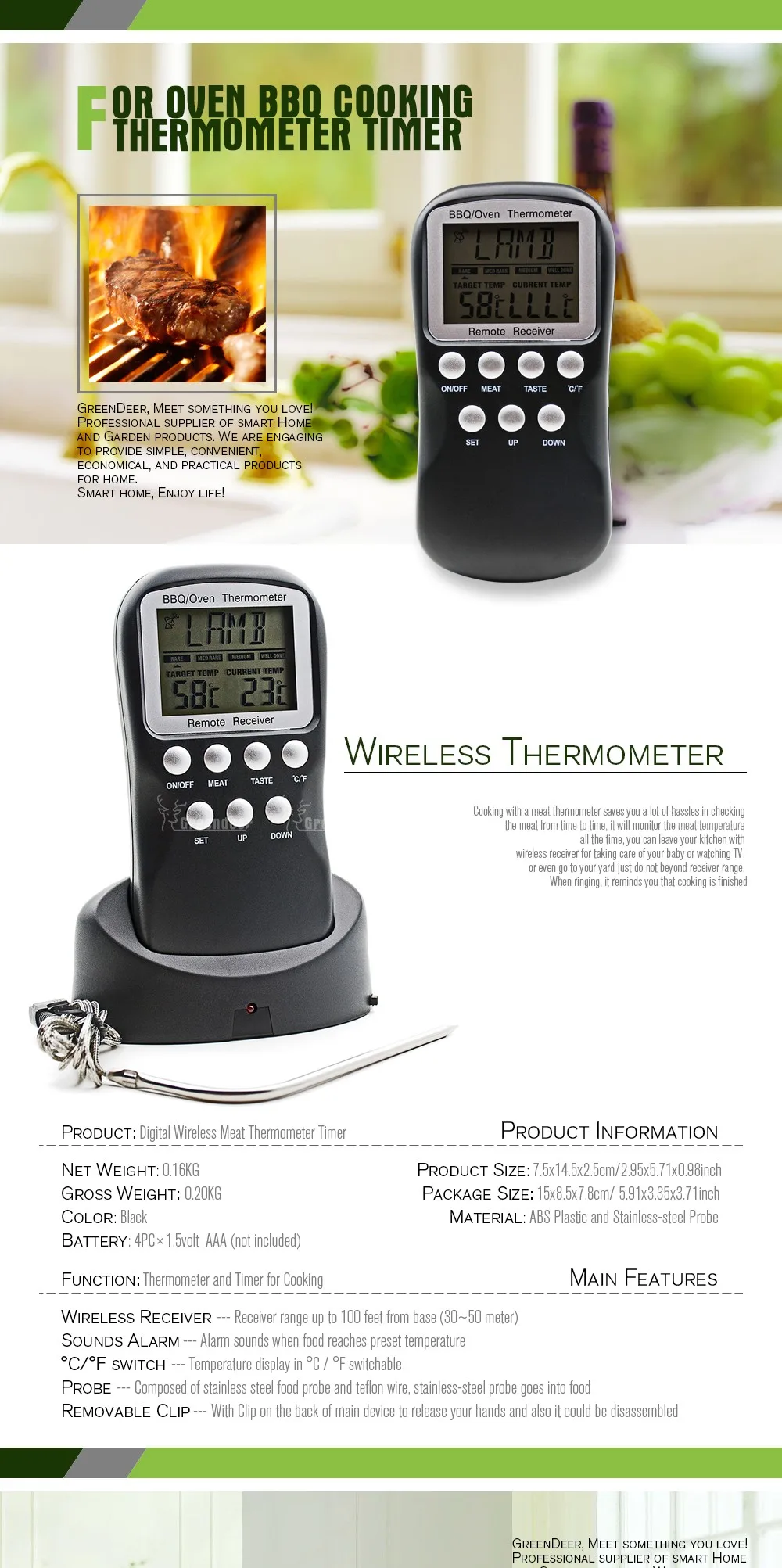 Digital Meat Thermometer Remote Wireless Kitchen Probe Food Thermometer Timer Cooking BBQ Meat Receiver and Transmitter with Alarm F0004-Show_01