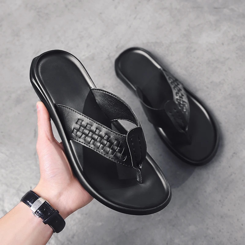 

Summer Men Slippers genuine leather Flip Flops outdoor Beach Sandals handmade Non-slip Slippers breathable Pantuflas slippers l5