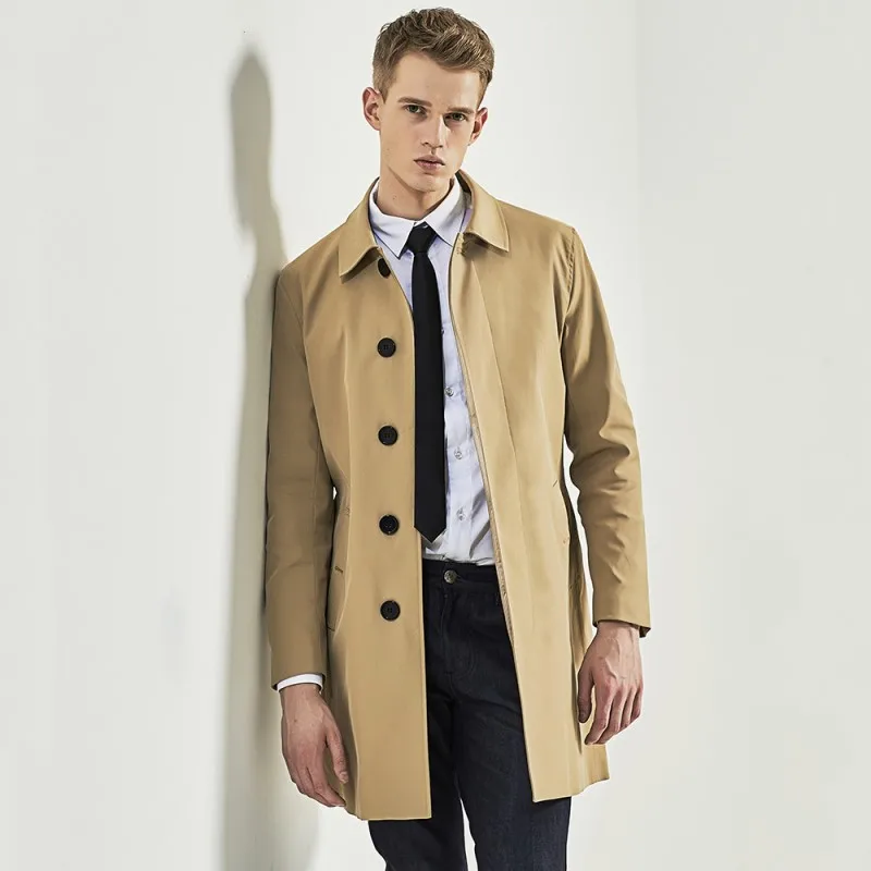 Single Breasted Trench Coat for Men, Medium-Long Khaki Trench, Slim Fit, Monochrome, Spring and Autumn, S-3XL