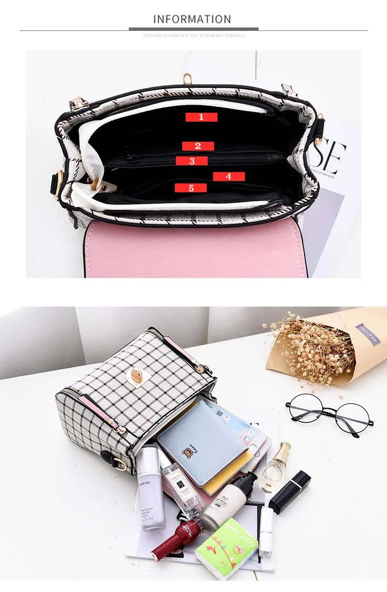 Women PU leather Plaid Bucket Handbag Fashion Panelled Small Printing Crossbody Shoulder Bag Female Elegant Bear Tote Purse Bags (7)