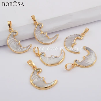 

5/10PCS Crescent Gold Plated Natural White Shell One Side Carved Face Pendant Beads Necklace Jewelry for lady G1738-N