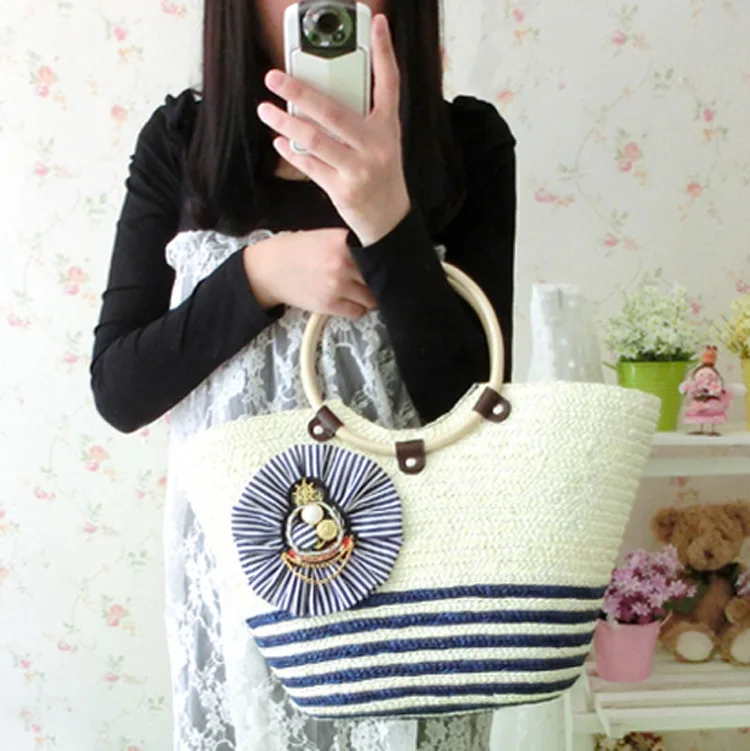 

42x27CM New Naval Wind Fashion Personality Handbag Straw Bag Woven Beach Bag A4113