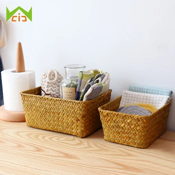 

WCIC Square Natural Seagrass Debris Box Hand-woven Seaweed Storage Case Desktop Wickerwork Storage Basket