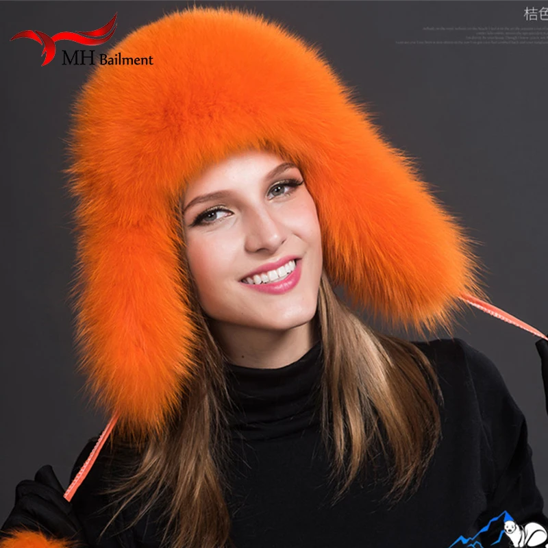 Россия,, модная зимняя шапка-бомбер из меха енота и лисы с ушками для женщин, толстая и теплая Зимняя кепка