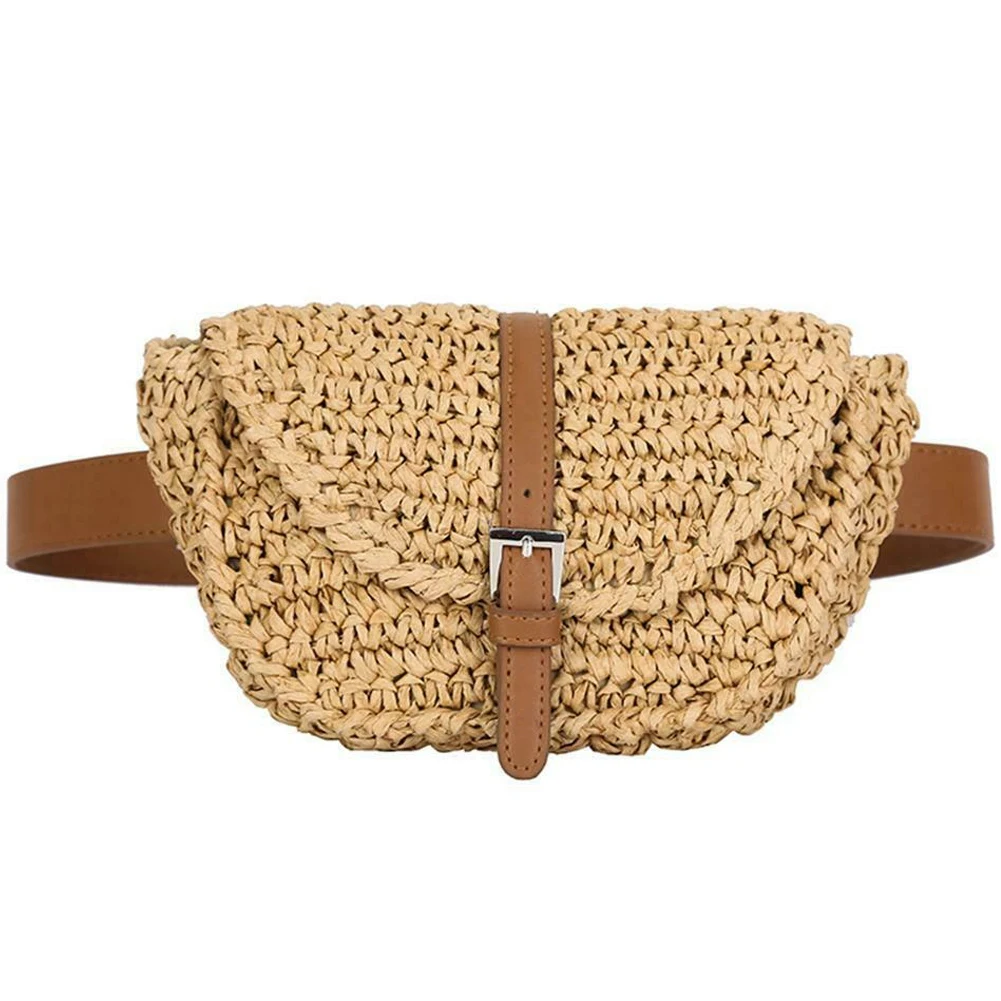 

LJL-Women Semicircle Straw Bags Lady Waist Fanny Pack Summer Beach Satchel Chest Bag