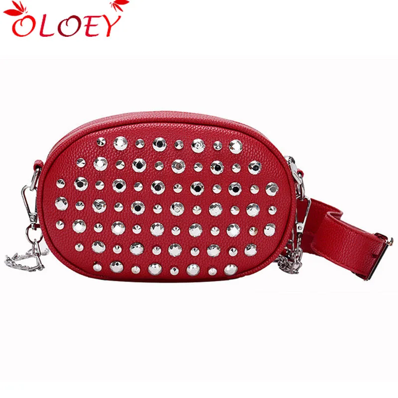

New Chain Rivet Small Bags For Women Shoulder Waist Bag Women Fanny Pack Round Belt Bag Luxury Brand Leather Crossbody Chest Han