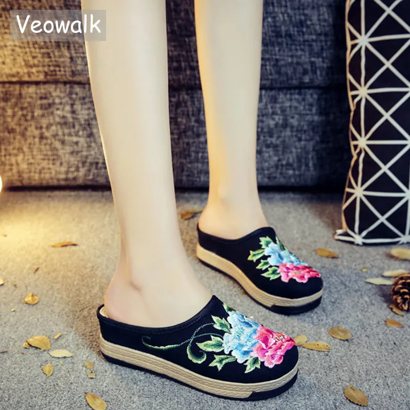 Comprar Veowalk gruesa parte inferior mujeres Floral bordado lona plana zapatillas hechas a mano verano bohemio señoras Lino Alpargatas Zapatos
