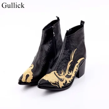 

Mens Height Increased Embroidered Dragon Dress Shoes Plus Size US12 Pointed toe Men Genuine Leather Shoes Black Ankle Boots