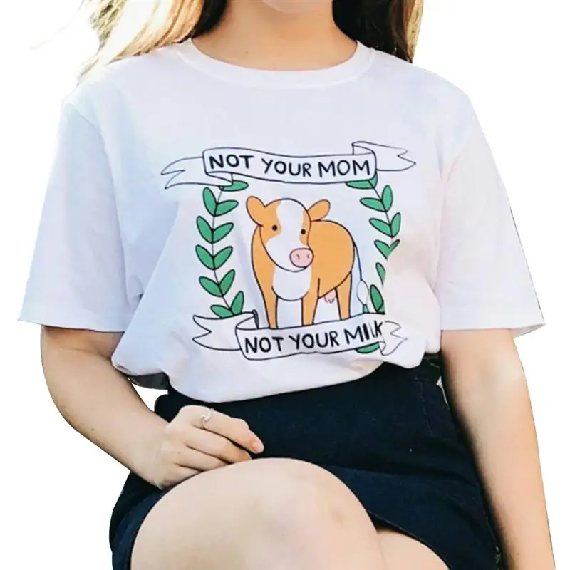 

2019 New Summer Fashion Women T-Shirt NOT YOUR MOM NOT YOUR MILK Green Leaf Cow Printed O-Neck Short Sleeve Casual Top Tees