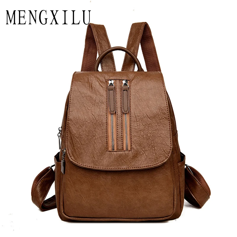 

MENGXILU Vintage Backpack Women Backpack High Quality Pu Leather Backpacks For Teenage Girls Schoolbag Backpack Double Zipper