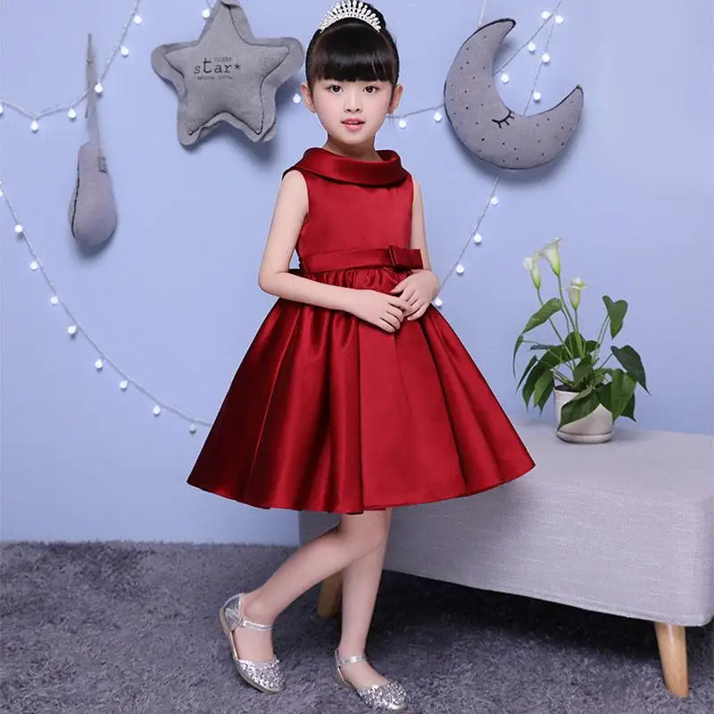 

2019 Kids Girl Bowknot Princess Party Prom Ball Gown Teen Girl Pleated Solid Wedding Vestido Children First Communion Dress Q629