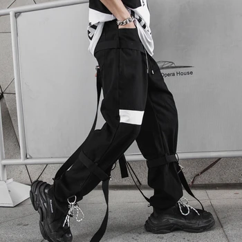 

High Street Side Pocket Men's Straight Jogger Trousers Autumn Hip Hop Fashion Male Ribbons Harem Pants Streetwear Evening Show