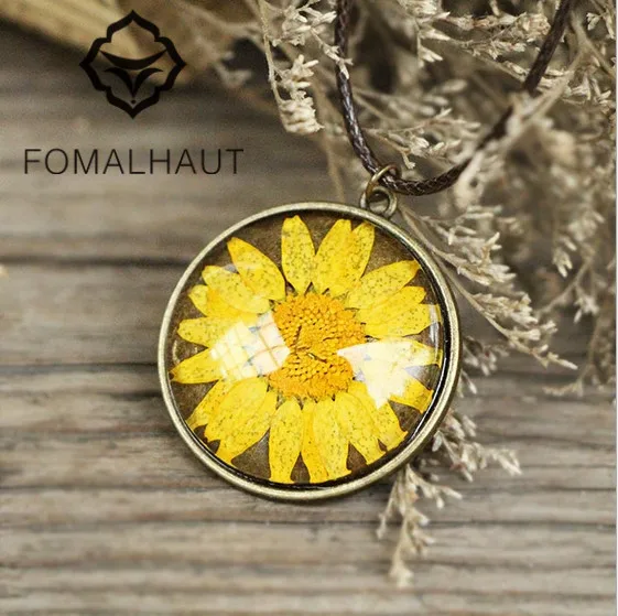

Hot FOMALHAUT Hand-painted yellow sunflower flowers time gem Necklace Long Strip Pendant Necklaces Women 2015 Jewelry CX-129