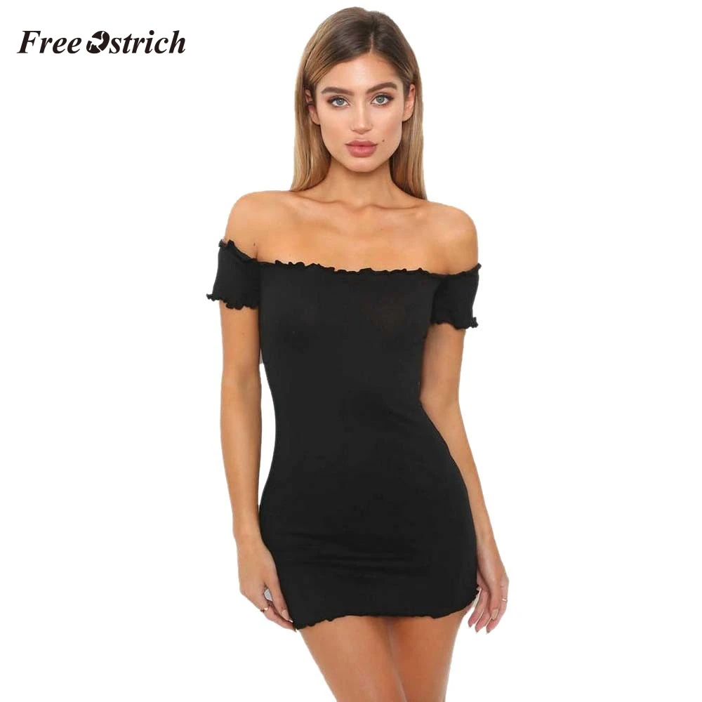

Free Ostrich Womens Off Shoulder Mini Dress Ladies Short Sleeve Crimping Party Dress Slash Neck Black dress women vestidos