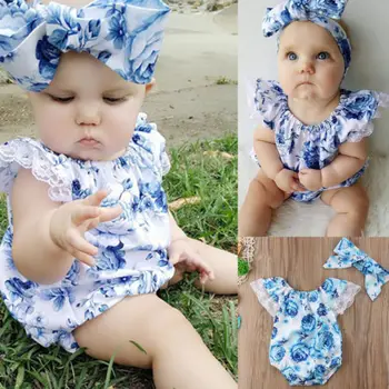 

2018 New Blue Floral Lace Romper Cute Baby Girls Infant Bow Romper Jumpsuit Toddler Summer Casual Sunsuit Outfits Clothes