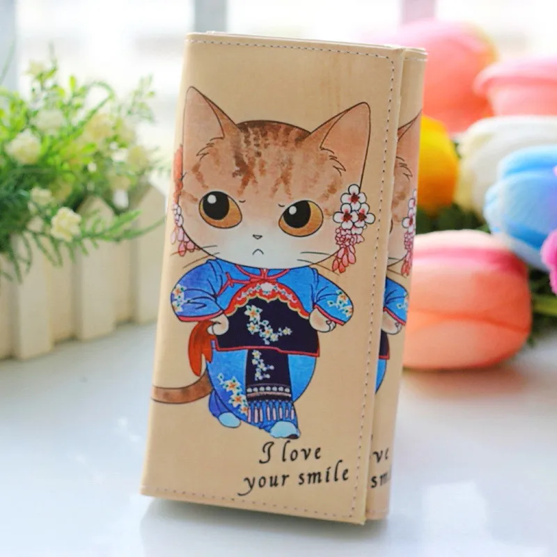 Длинный кошелек с милым котом дизайнерский мультяшный клатч принтом цветов