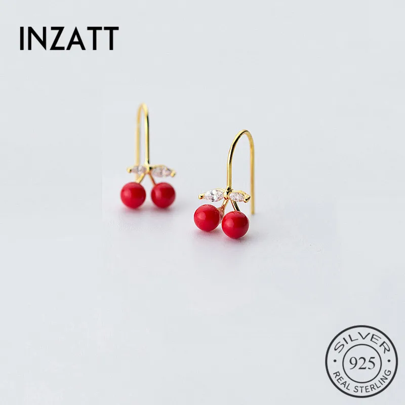 

INZATT Trendy Zircon Leaf Cute Cherry Dangle Drop Earrings Gold Color 925 Sterling Silver Fashion Jewelry For Women Romantic
