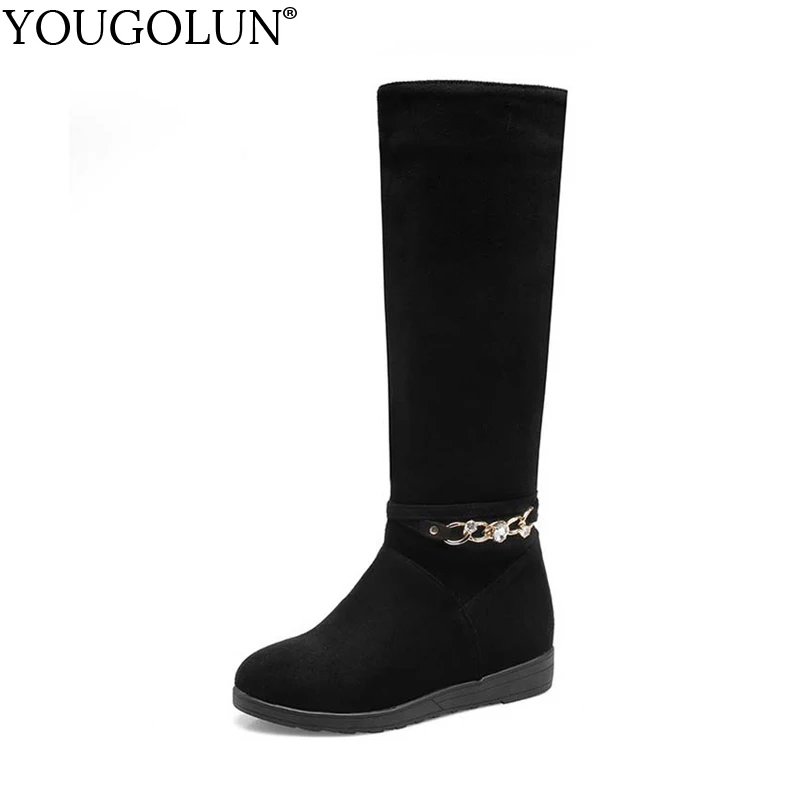 

YOUGOLUN Women Knee High Boots 2017 New Autumn Winter PU Chains Crystal Low Heel Wedges Heels Black Round toe Shoes #Y-194