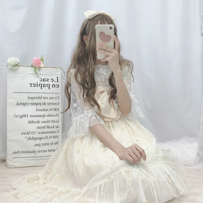 

Kawaii Lolita Dress Soft Girl Summer Super Fairy Bow Mesh Embroidery Lolita Daily Sling Dress Female