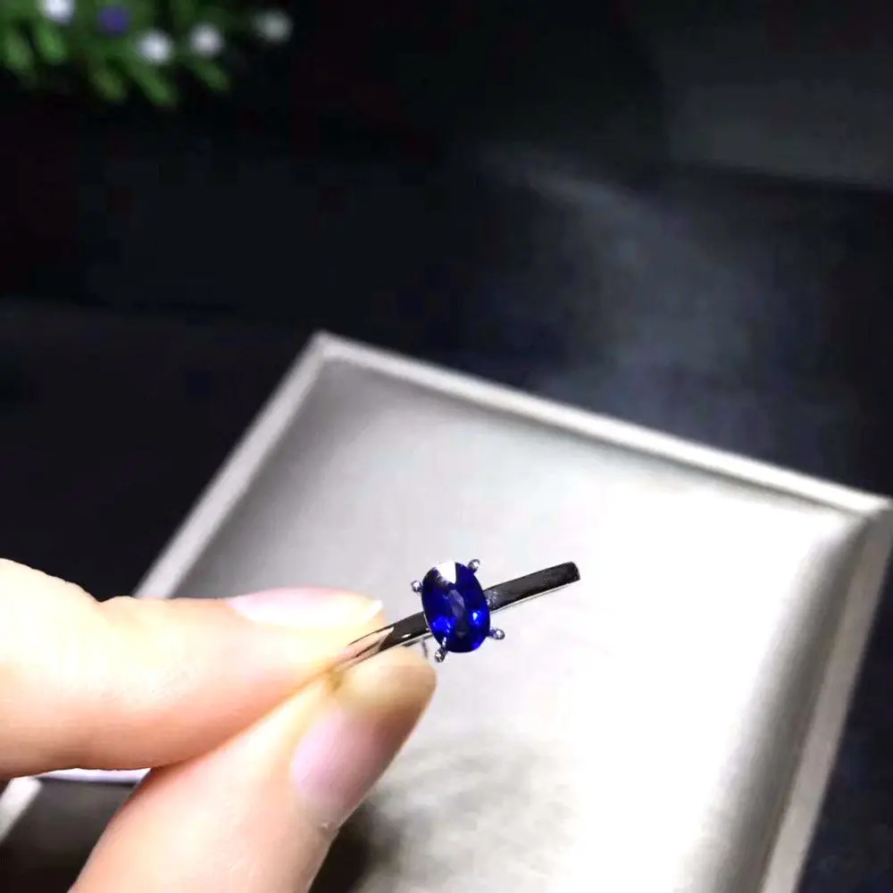 Uloveido Natural Sapphire Solitaire Rings, Ring Silver 925 Women, Lady's Certified 4*6mm Gemstone Wedding Jewelry FJ224