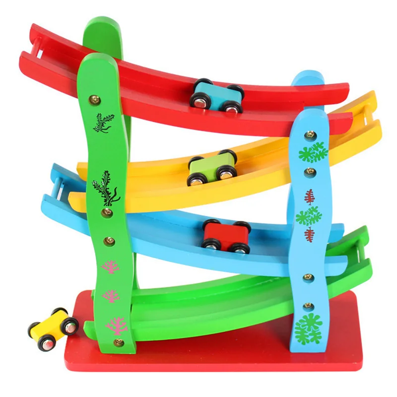 Candywood Baby Kids Wooden Ladder Gliding Car Wooden slot Track Car
