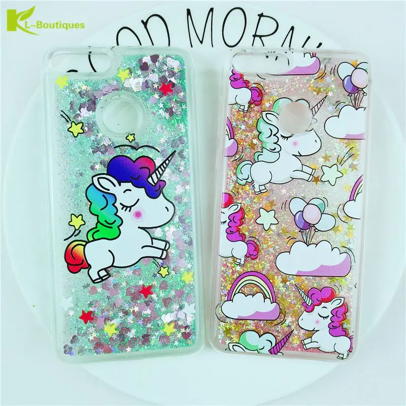 

KL-Boutiques Cartoon Case sFor Coque Huawei P Smart Cover Unicorn Liquid Glitter Dynamic Phone Cases for Huawei Enjoy 7S Fundas