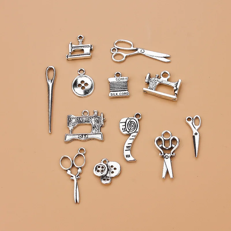 

Mixed 50PCS Hand Stamped Alloy Scissors Sewing Machine Buttons Needle DIY Charms Dangle For DIY Jewelry Gifts