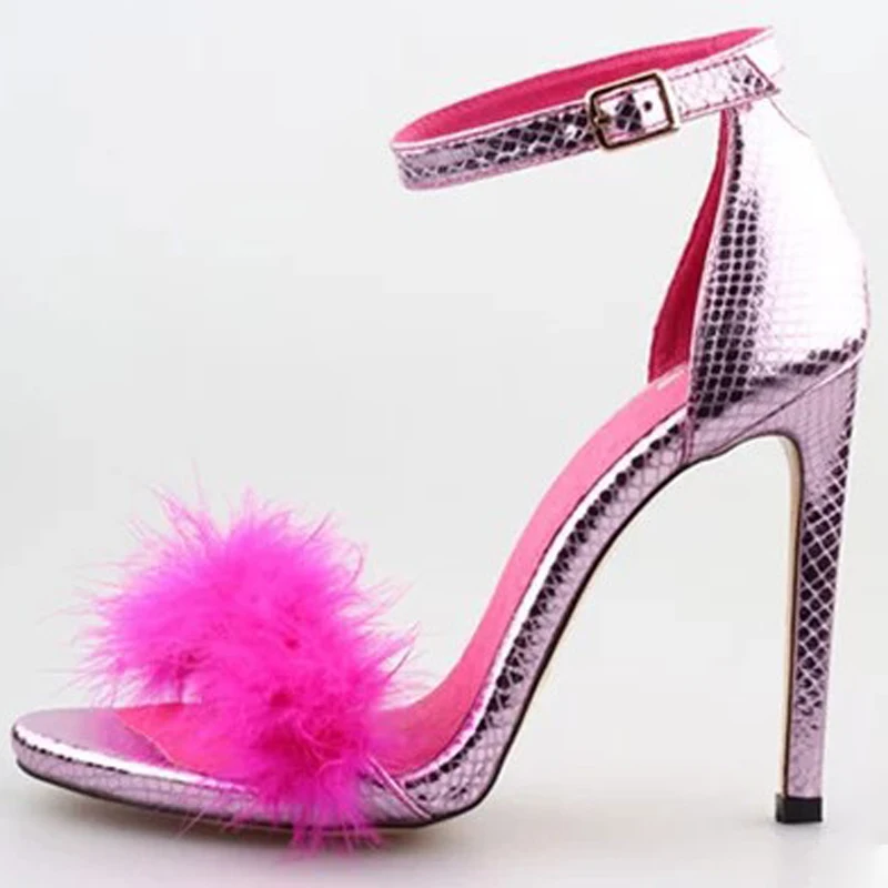 

Босоножки женские на тонком высоком каблуке, фуксия, натуральный мех, блестящие кожаные сандалии с ремешком на щиколотке, вечерняя обувь с открытым носком, лето